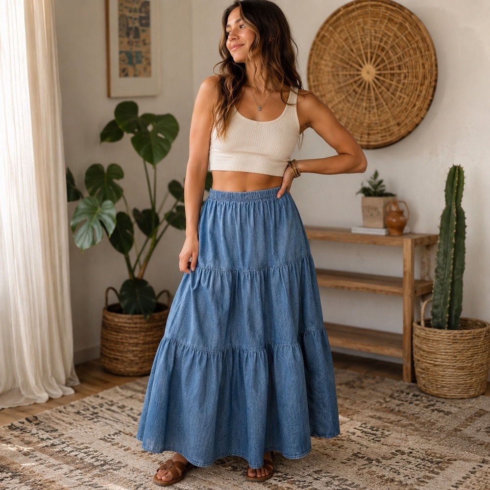 Vintage Blues Tiered Denim Maxi Skirt Elastic Waist Sz M/L Western Prairie READ